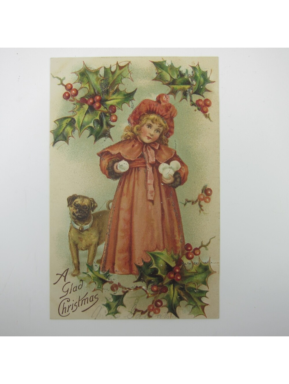 Christmas Postcard Victorian Girl Snowballs Dog Holly Berries Embossed Antique